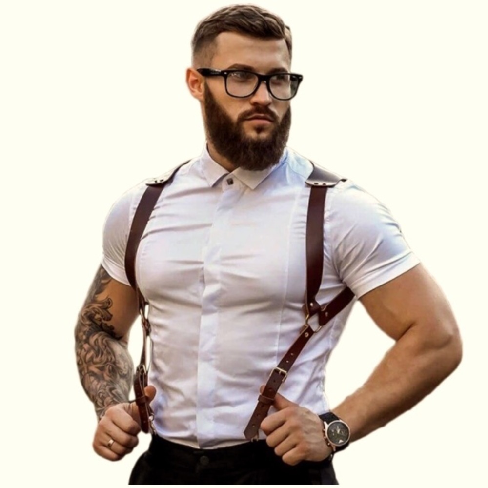 Men's Cross Back Body Vegan Leather Chest Harness Dark Brown Hot Accessory